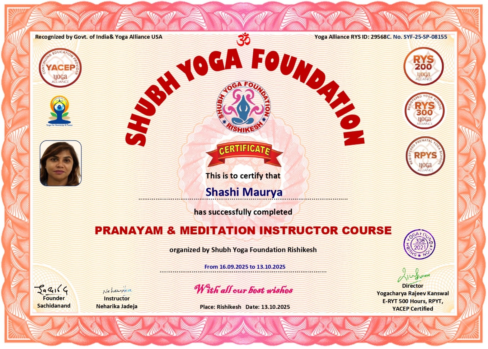 shubh yoga certificate